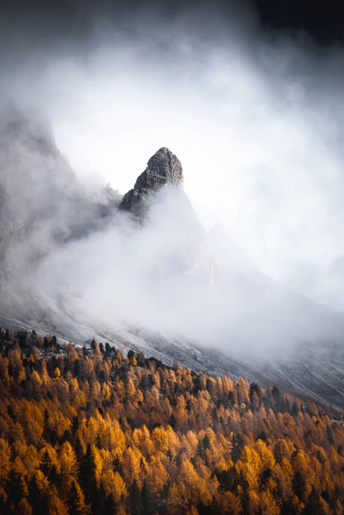 Montagne des Dolomites dans la Brune et arbres aux couleurs de l'automne