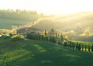 Paysages des champs et villa de la Toscane dans le val d'Orcia